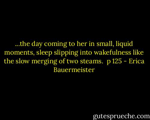 ...the day coming to her in small, liquid moments, sleep slipping into wakefulness like the slow merging of two steams.<br /><br />p 125 - Erica Bauermeister