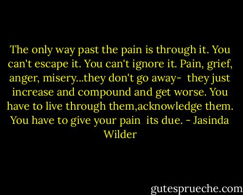 The only way past the pain is through it.<br />You can't escape it.<br />You can't ignore it.<br />Pain, grief, anger, misery...they don't go away- <br />they just increase and compound and get worse.<br />You have to live through them,acknowledge them.<br />You have to give your pain <br />its due. - Jasinda Wilder
