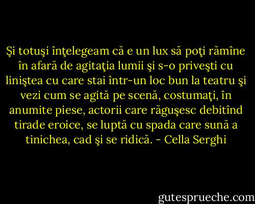 Şi totuşi înţelegeam că e un lux să poţi rămîne în afară de agitaţia lumii şi s-o priveşti cu liniştea cu care stai într-un loc bun la teatru şi vezi cum se agită pe scenă, costumaţi, în anumite piese, actorii care răguşesc debitînd tirade eroice, se luptă cu spada care sună a tinichea, cad şi se ridică. - Cella Serghi