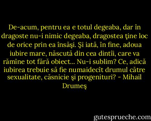 De-acum, pentru ea e totul degeaba, dar în dragoste nu-i nimic degeaba, dragostea ţine loc de orice prin ea însăşi. Şi iată, în fine, adoua iubire mare, născută din cea dintîi, care va rămîne tot fără obiect...<br />Nu-i sublim? Ce, adică iubirea trebuie să fie numaidecît drumul către sexualitate, căsnicie şi progenituri? - Mihail Drumeş