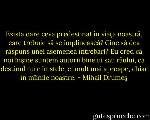 Exista oare ceva predestinat în viaţa noastră, care trebuie să se împlinească? Cine să dea răspuns unei asemenea întrebări? Eu cred că noi înşine suntem autorii binelui sau răului, ca destinul nu e în stele, ci mult mai aproape, chiar în mîinile noastre. - Mihail Drumeş