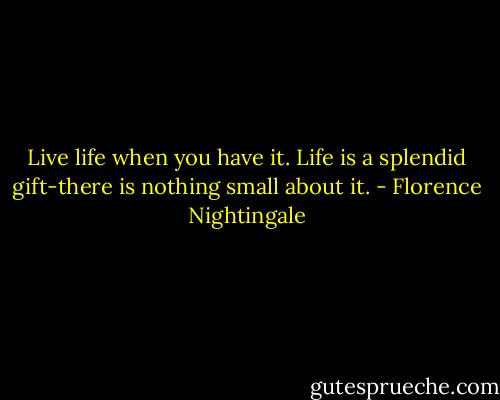 Live life when you have it. Life is a splendid gift-there is nothing small about it. - Florence Nightingale