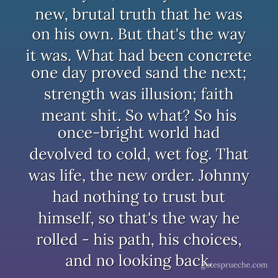 For a year, Johnny lived the new, brutal truth that he was on his own.<br />But that's the way it was. What had been concrete one day proved sand the next; strength was illusion; faith meant shit. So what? So his once-bright world had devolved to cold, wet fog. That was life, the new order. Johnny had nothing to trust but himself, so that's the way he rolled - his path, his choices, and no looking back. - John Hart