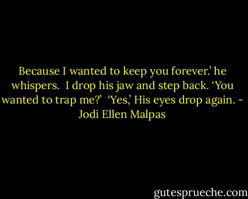 Because I wanted to keep you forever.’ he whispers. <br />I drop his jaw and step back. ‘You wanted to trap me?’ <br />‘Yes,’ His eyes drop again. - Jodi Ellen Malpas