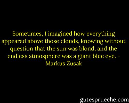 Sometimes, I imagined how everything appeared above those clouds, knowing without question that the sun was blond, and the endless atmosphere was a giant blue eye. - Markus Zusak