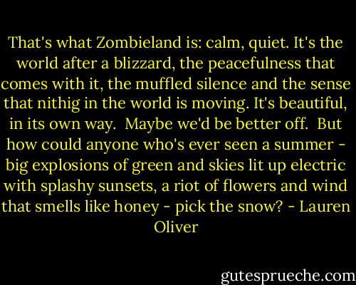 That's what Zombieland is: calm, quiet. It's the world after a blizzard, the peacefulness that comes with it, the muffled silence and the sense that nithig in the world is moving. It's beautiful, in its own way.<br /><br />Maybe we'd be better off.<br /><br />But how could anyone who's ever seen a summer - big explosions of green and skies lit up electric with splashy sunsets, a riot of flowers and wind that smells like honey - pick the snow? - Lauren Oliver