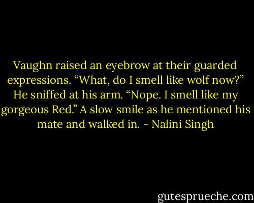 Vaughn raised an eyebrow at their guarded expressions. “What, do I smell like wolf now?” He sniffed at his arm. “Nope. I smell like my gorgeous Red.” A slow smile as he mentioned his mate and walked in. - Nalini Singh