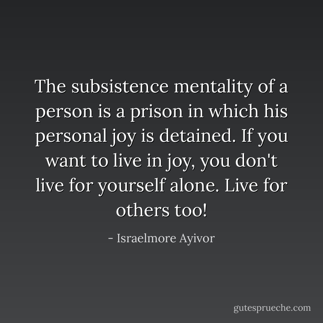 The subsistence mentality of a person is a prison in which his personal joy is detained. If you want to live in joy, you don't live for yourself alone. Live for others too! - Israelmore Ayivor