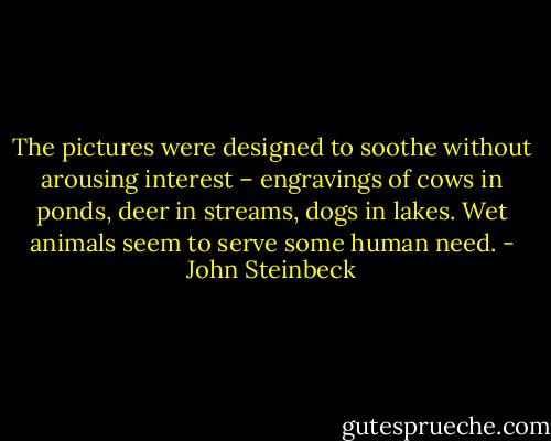 The pictures were designed to soothe without arousing interest – engravings of cows in ponds, deer in streams, dogs in lakes. Wet animals seem to serve some human need. - John Steinbeck