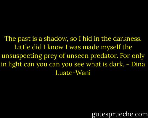 The past is a shadow, so I hid in the darkness. Little did I know I was made myself the unsuspecting prey of unseen predator. For only in light can you can you see what is dark. - Dina Luate-Wani