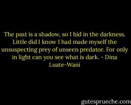The past is a shadow, so I hid in the darkness. Little did I know I had made myself the unsuspecting prey of unseen predator. For only in light can you see what is dark. - Dina Luate-Wani