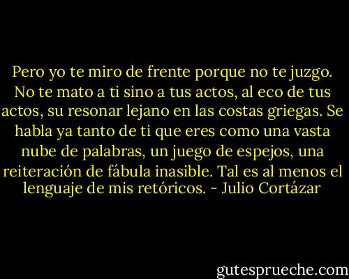 Pero yo te miro de frente porque no te juzgo. No te mato a ti sino a tus actos, al eco de tus actos, su resonar lejano en las costas griegas. Se habla ya tanto de ti que eres como una vasta nube de palabras, un juego de espejos, una reiteración de fábula inasible. Tal es al menos el lenguaje de mis retóricos. - Julio Cortázar
