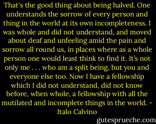 That's the good thing about being halved. One understands the sorrow of every person and thing in the world at its own incompleteness. I was whole and did not understand, and moved about deaf and unfeeling amid the pain and sorrow all round us, in places where as a whole person one would least think to find it. It’s not only me . . . who am a split being, but you and everyone else too. Now I have a fellowship which I did not understand, did not know before, when whole, a fellowship with all the mutilated and incomplete things in the world. - Italo Calvino