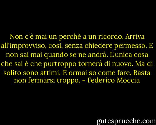 Non c'è mai un perchè a un ricordo. Arriva all'improvviso, così, senza chiedere permesso. E non sai mai quando se ne andrà. L'unica cosa che sai è che purtroppo tornerà di nuovo. Ma di solito sono attimi. E ormai so come fare. Basta non fermarsi troppo. - Federico Moccia