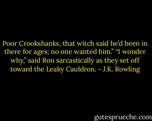 Poor Crookshanks, that witch said he’d been in there for ages; no one wanted him.” “I wonder why,” said Ron sarcastically as they set off toward the Leaky Cauldron. - J.K. Rowling
