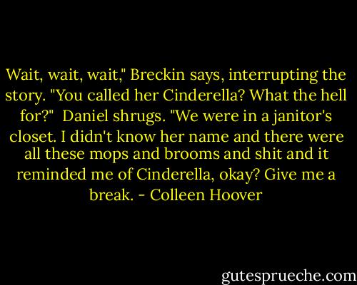 Wait, wait, wait," Breckin says, interrupting the story. "You called her Cinderella? What the hell for?"<br /><br />Daniel shrugs. "We were in a janitor's closet. I didn't know her name and there were all these mops and brooms and shit and it reminded me of Cinderella, okay? Give me a break. - Colleen Hoover