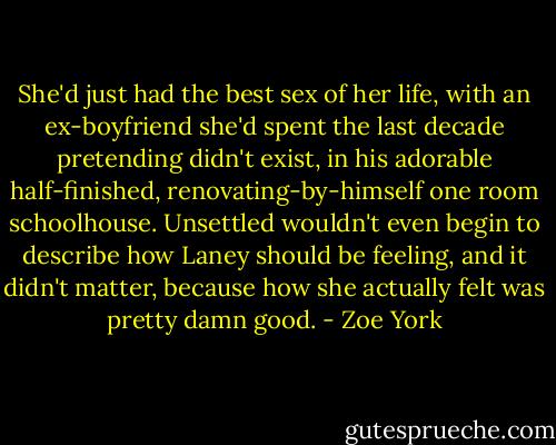 She'd just had the best sex of her life, with an ex-boyfriend she'd spent the last decade pretending didn't exist, in his adorable half-finished, renovating-by-himself one room schoolhouse. Unsettled wouldn't even begin to describe how Laney should be feeling, and it didn't matter, because how she actually felt was pretty damn good. - Zoe York