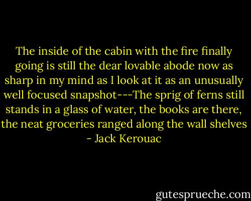 The inside of the cabin with the fire finally going is still the dear lovable abode now as sharp in my mind as I look at it as an unusually well focused snapshot---The sprig of ferns still stands in a glass of water, the books are there, the neat groceries ranged along the wall shelves - Jack Kerouac