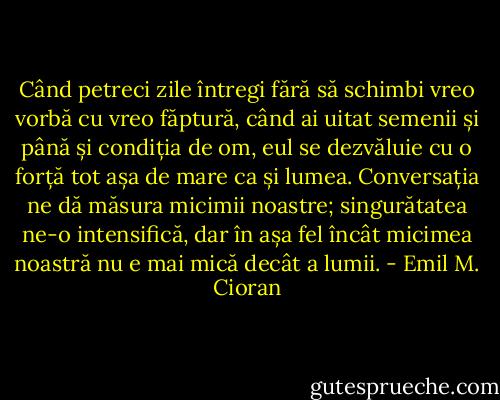 Când petreci zile întregi fără să schimbi vreo vorbă cu vreo făptură, când ai uitat semenii și până și condiția de om, eul se dezvăluie cu o forță tot așa de mare ca și lumea. Conversația ne dă măsura micimii noastre; singurătatea ne-o intensifică, dar în așa fel încât micimea noastră nu e mai mică decât a lumii. - Emil M. Cioran