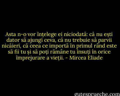 Asta n-o vor înțelege ei niciodată: că nu ești dator să ajungi ceva, că nu trebuie să parvii nicăieri, că ceea ce importă în primul rând este să fii tu și să poți rămâne tu însuți în orice împrejurare a vieții. - Mircea Eliade