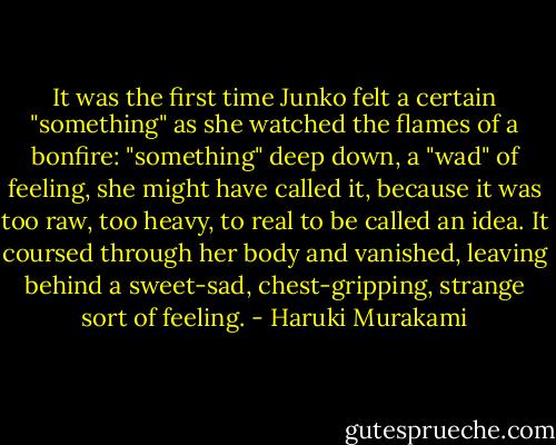 It was the first time Junko felt a certain "something" as she watched the flames of a bonfire: "something" deep down, a "wad" of feeling, she might have called it, because it was too raw, too heavy, to real to be called an idea. It coursed through her body and vanished, leaving behind a sweet-sad, chest-gripping, strange sort of feeling. - Haruki Murakami