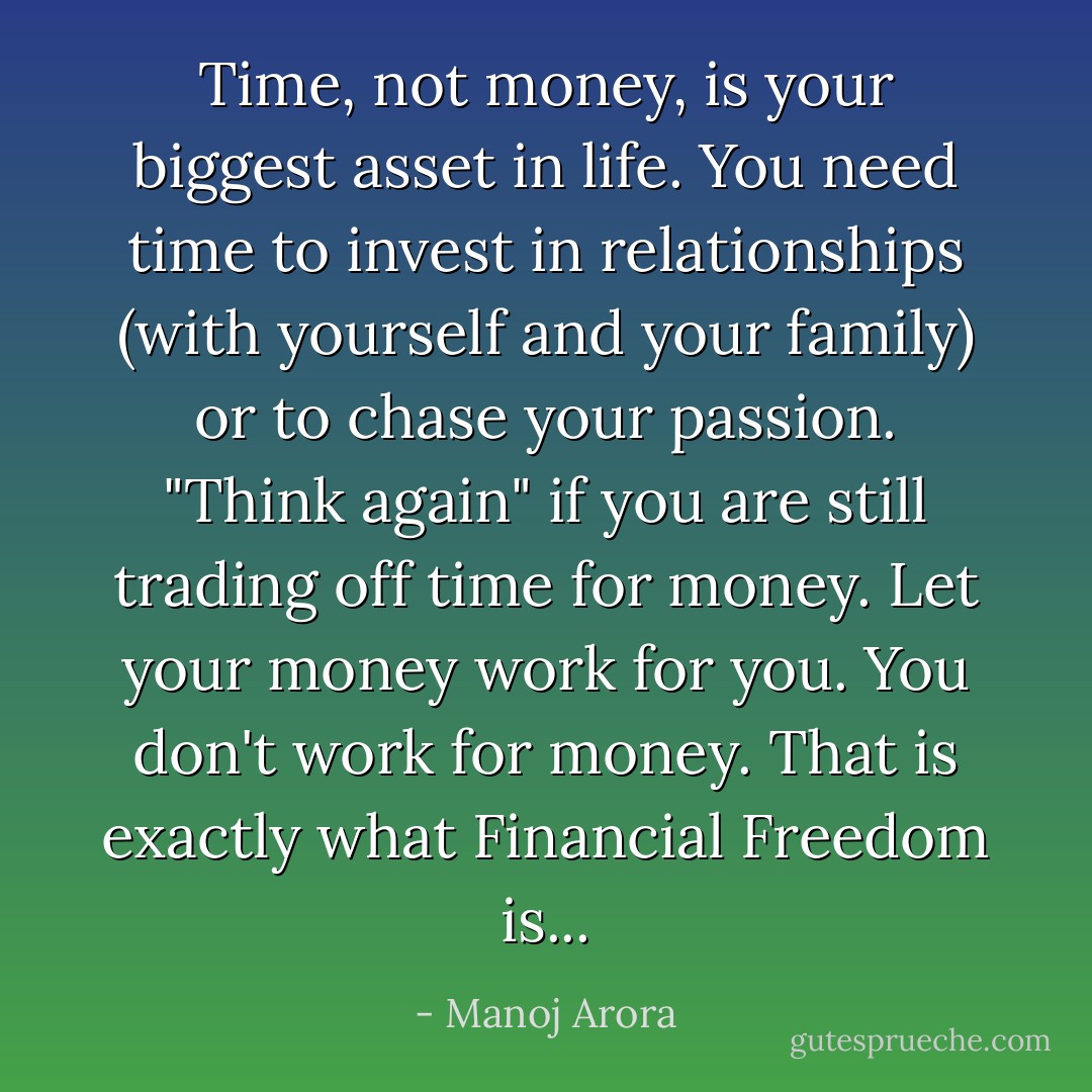 Time, not money, is your biggest asset in life. You need time to invest in relationships (with yourself and your family) or to chase your passion.<br />"Think again" if you are still trading off time for money.<br />Let your money work for you. You don't work for money. That is exactly what Financial Freedom is... - Manoj Arora