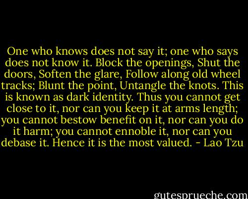 One who knows does not say it; one who says does not know it. Block the openings, Shut the doors, Soften the glare, Follow along old wheel tracks; Blunt the point, Untangle the knots. This is known as dark identity. Thus you cannot get close to it, nor can you keep it at arms length; you cannot bestow benefit on it, nor can you do it harm; you cannot ennoble it, nor can you debase it. Hence it is the most valued. - Lao Tzu