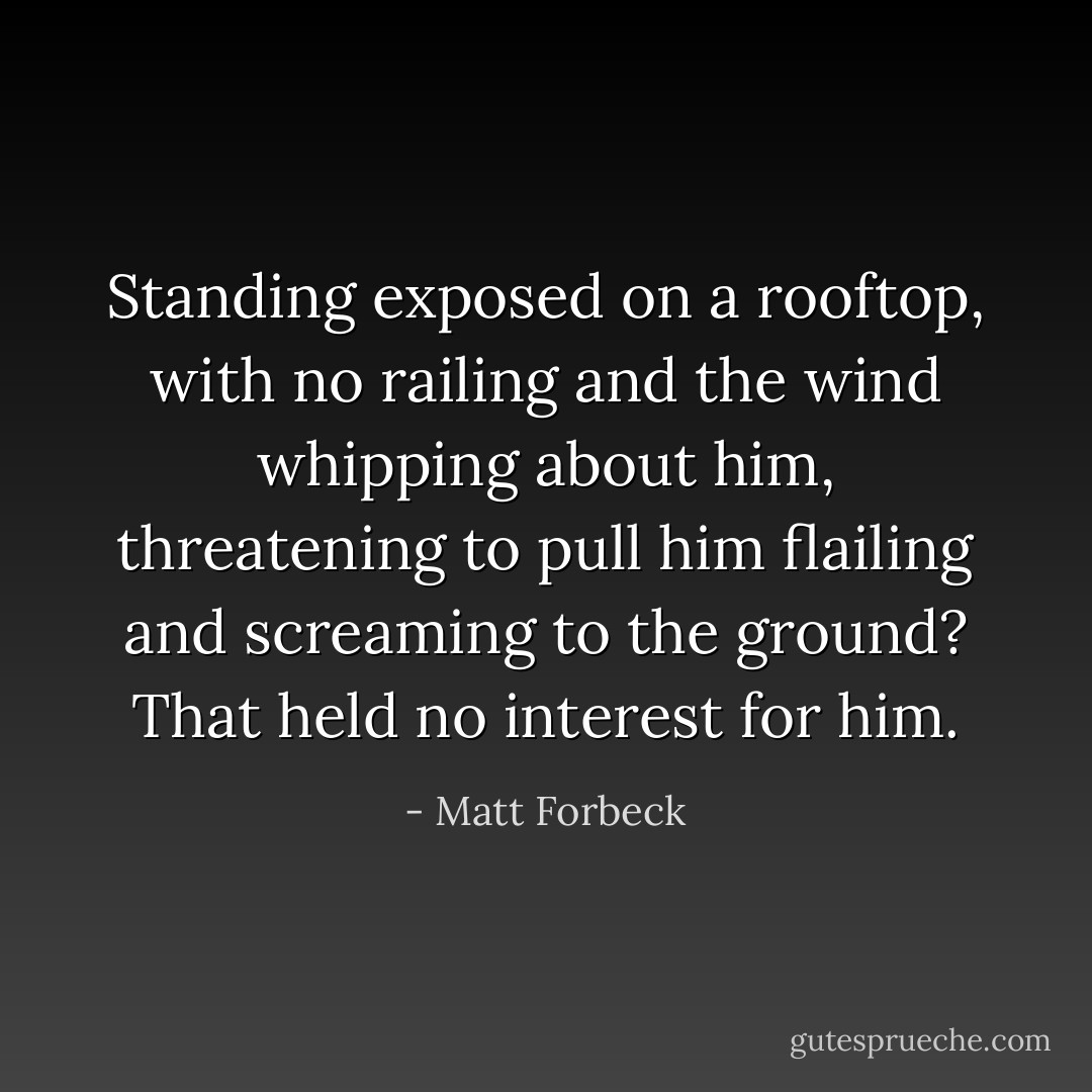Standing exposed on a rooftop, with no railing and the wind whipping about him, threatening to pull him flailing and screaming to the ground? That held no interest for him. - Matt Forbeck