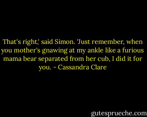 That's right,' said Simon. 'Just remember, when you mother's gnawing at my ankle like a furious mama bear separated from her cub, I did it for you. - Cassandra Clare