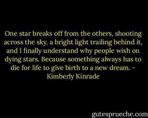 One star breaks off from the others, shooting across the sky, a bright light trailing behind it, and I finally understand why people wish on dying stars. Because something always has to die for life to give birth to a new dream. - Kimberly Kinrade