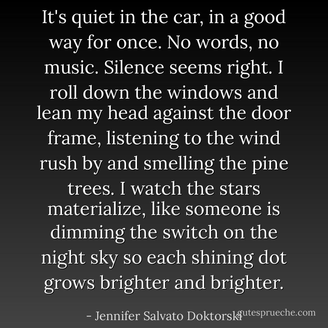 It's quiet in the car, in a good way for once. No words, no music. Silence seems right. I roll down the windows and lean my head against the door frame, listening to the wind rush by and smelling the pine trees. I watch the stars materialize, like someone is dimming the switch on the night sky so each shining dot grows brighter and brighter. - Jennifer Salvato Doktorski