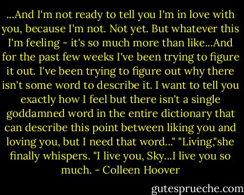 ...And I'm not ready to tell you I'm in love with you, because I'm not. Not yet. But whatever this I'm feeling - it's so much more than like...And for the past few weeks I've been trying to figure it out. I've been trying to figure out why there isn't some word to describe it. I want to tell you exactly how I feel but there isn't a single goddamned word in the entire dictionary that can describe this point between liking you and loving you, but I need that word..."<br />"Living,"she finally whispers.<br />"I live you, Sky...I live you so much. - Colleen Hoover