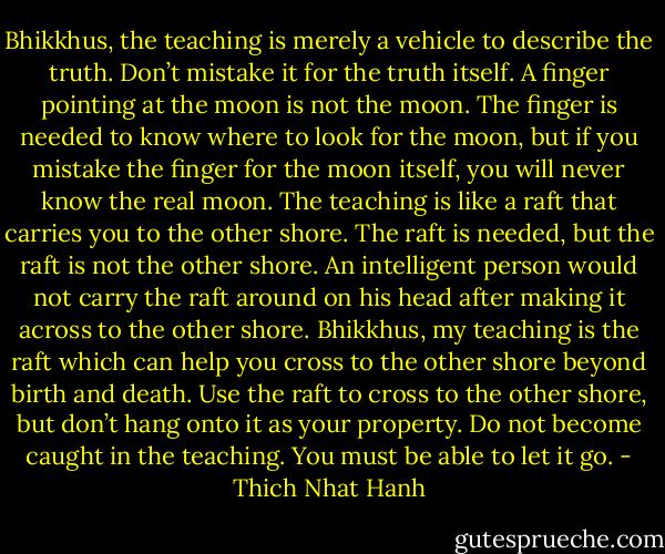 Bhikkhus, the teaching is merely a vehicle to describe the truth. Don’t mistake it for the truth itself. A finger pointing at the moon is not<br />the moon. The finger is needed to know where to look for the moon, but if you mistake the finger for the moon itself, you will never know<br />the real moon.<br />The teaching is like a raft that carries you to the other shore. The raft is needed, but the raft is not the other shore. An intelligent person<br />would not carry the raft around on his head after making it across to the other shore. Bhikkhus, my teaching is the raft which can help you<br />cross to the other shore beyond birth and death. Use the raft to cross to the other shore, but don’t hang onto it as your property. Do not<br />become caught in the teaching. You must be able to let it go. - Thich Nhat Hanh