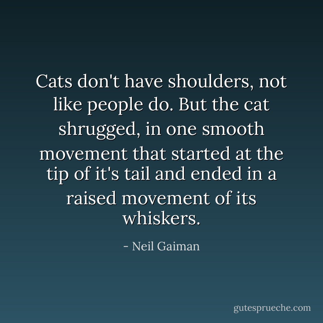 Cats don't have shoulders, not like people do. But the cat shrugged, in one smooth movement that started at the tip of it's tail and ended in a raised movement of its whiskers. - Neil Gaiman