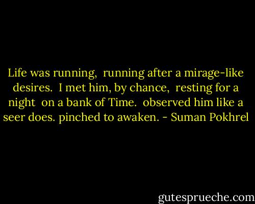 Life was running, <br />running after a mirage-like desires. <br />I met him, by chance, <br />resting for a night <br />on a bank of Time. <br />observed him like a<br />seer does.<br />pinched to awaken. - Suman Pokhrel