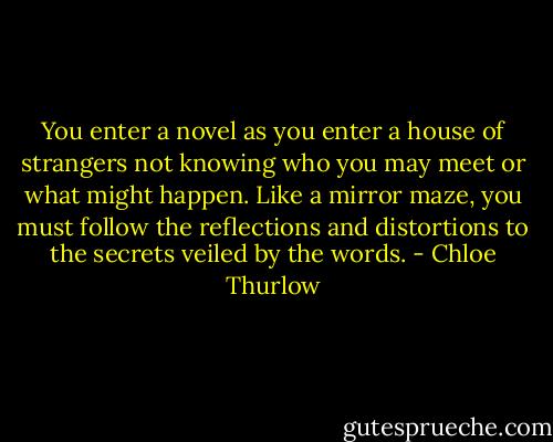 You enter a novel as you enter a house of strangers not knowing who you may meet or what might happen. Like a mirror maze, you must follow the reflections and distortions to the secrets veiled by the words. - Chloe Thurlow