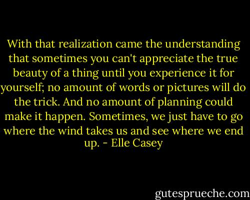 With that realization came the understanding that sometimes you can't appreciate the true beauty of a thing until you experience it for yourself; no amount of words or pictures will do the trick. And no amount of planning could make it happen. Sometimes, we just have to go where the wind takes us and see where we end up. - Elle Casey