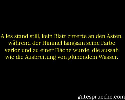 Alles stand still, kein Blatt zitterte an den Ästen, während der Himmel langsam seine Farbe verlor und zu einer Fläche wurde, die aussah wie die Ausbreitung von glühendem Wasser. - Ayn Rand<