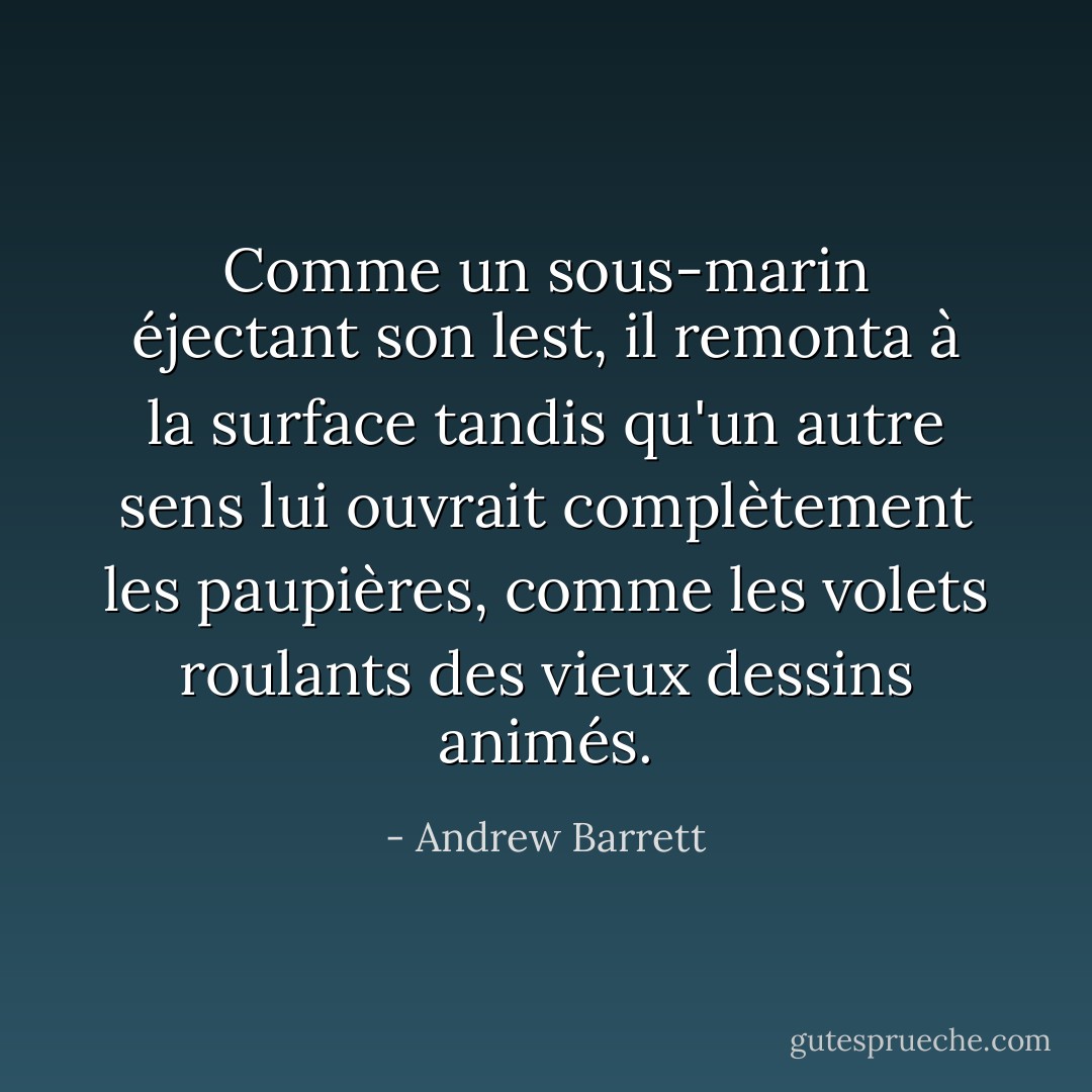 Comme un sous-marin éjectant son lest, il remonta à la surface tandis qu'un autre sens lui ouvrait complètement les paupières, comme les volets roulants des vieux dessins animés. - Andrew Barrett