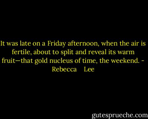 It was late on a Friday afternoon, when the air is fertile, about to split and reveal its warm fruit—that gold nucleus of time, the weekend. - Rebecca    Lee