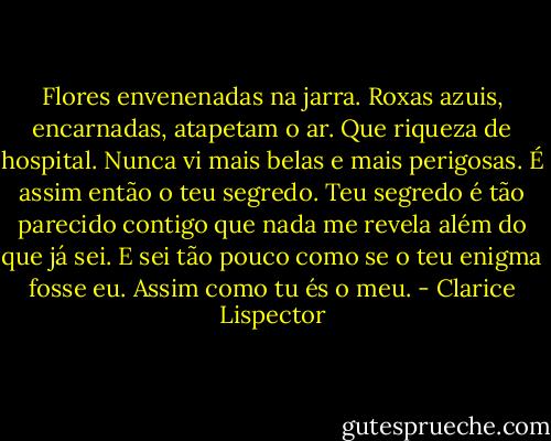 Flores envenenadas na jarra. Roxas azuis, encarnadas, atapetam o ar. Que riqueza de hospital. Nunca vi mais belas e mais perigosas. É assim então o teu segredo. Teu segredo é tão parecido contigo que nada me revela além do que já sei. E sei tão pouco como se o teu enigma fosse eu. Assim como tu és o meu. - Clarice Lispector