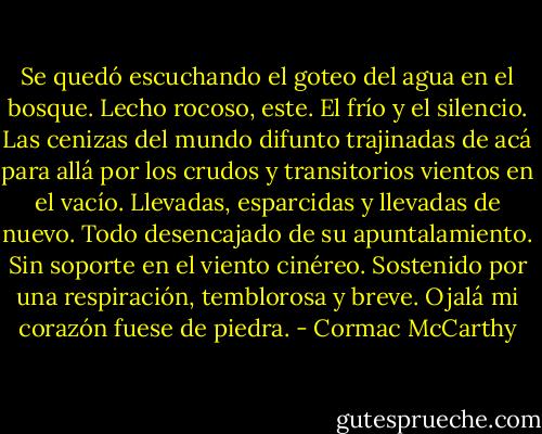Se quedó escuchando el goteo del agua en el bosque. Lecho rocoso, este. El frío y el silencio. Las cenizas del mundo difunto trajinadas de acá para allá por los crudos y transitorios vientos en el vacío. Llevadas, esparcidas y llevadas de nuevo. Todo desencajado de su apuntalamiento. Sin soporte en el viento cinéreo. Sostenido por una respiración, temblorosa y breve. Ojalá mi corazón fuese de piedra. - Cormac McCarthy