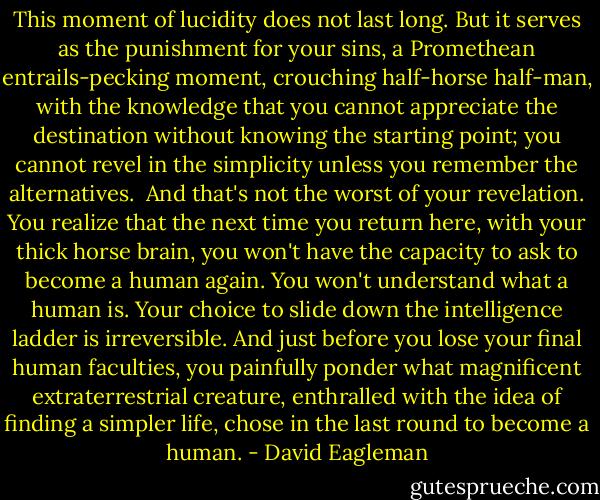 This moment of lucidity does not last long. But it serves as the punishment for your sins, a Promethean entrails-pecking moment, crouching half-horse half-man, with the knowledge that you cannot appreciate the destination without knowing the starting point; you cannot revel in the simplicity unless you remember the alternatives. <br />And that's not the worst of your revelation. You realize that the next time you return here, with your thick horse brain, you won't have the capacity to ask to become a human again. You won't understand what a human is. Your choice to slide down the intelligence ladder is irreversible. And just before you lose your final human faculties, you painfully ponder what magnificent extraterrestrial creature, enthralled with the idea of finding a simpler life, chose in the last round to become a human. - David Eagleman