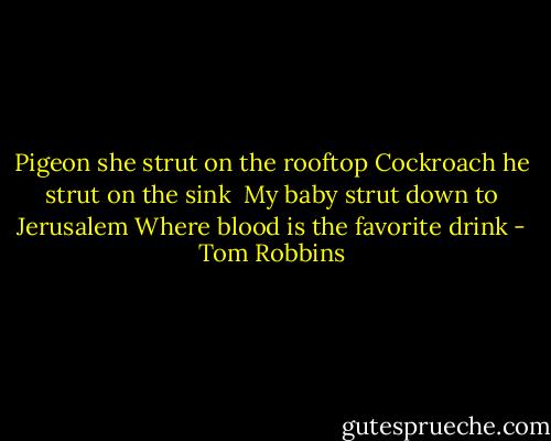 Pigeon she strut on the rooftop<br />Cockroach he strut on the sink <br />My baby strut down to Jerusalem<br />Where blood is the favorite drink - Tom Robbins