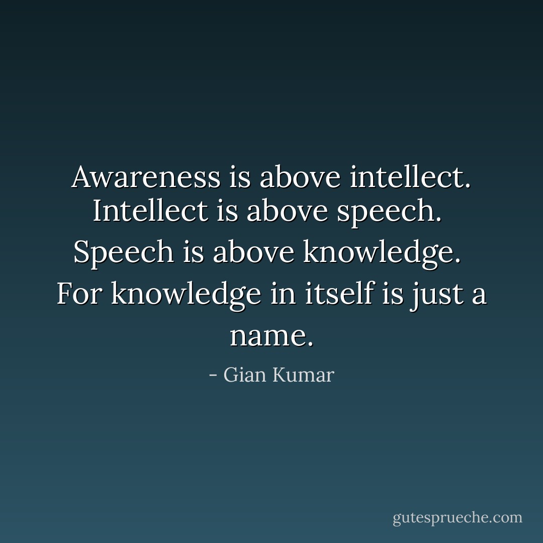 Awareness is above intellect.<br />Intellect is above speech. <br />Speech is above knowledge. <br />For knowledge in itself is just a name. - Gian Kumar