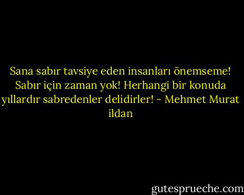 Sana sabır tavsiye eden insanları önemseme! Sabır için zaman yok! Herhangi bir konuda yıllardır sabredenler delidirler! - Mehmet Murat ildan