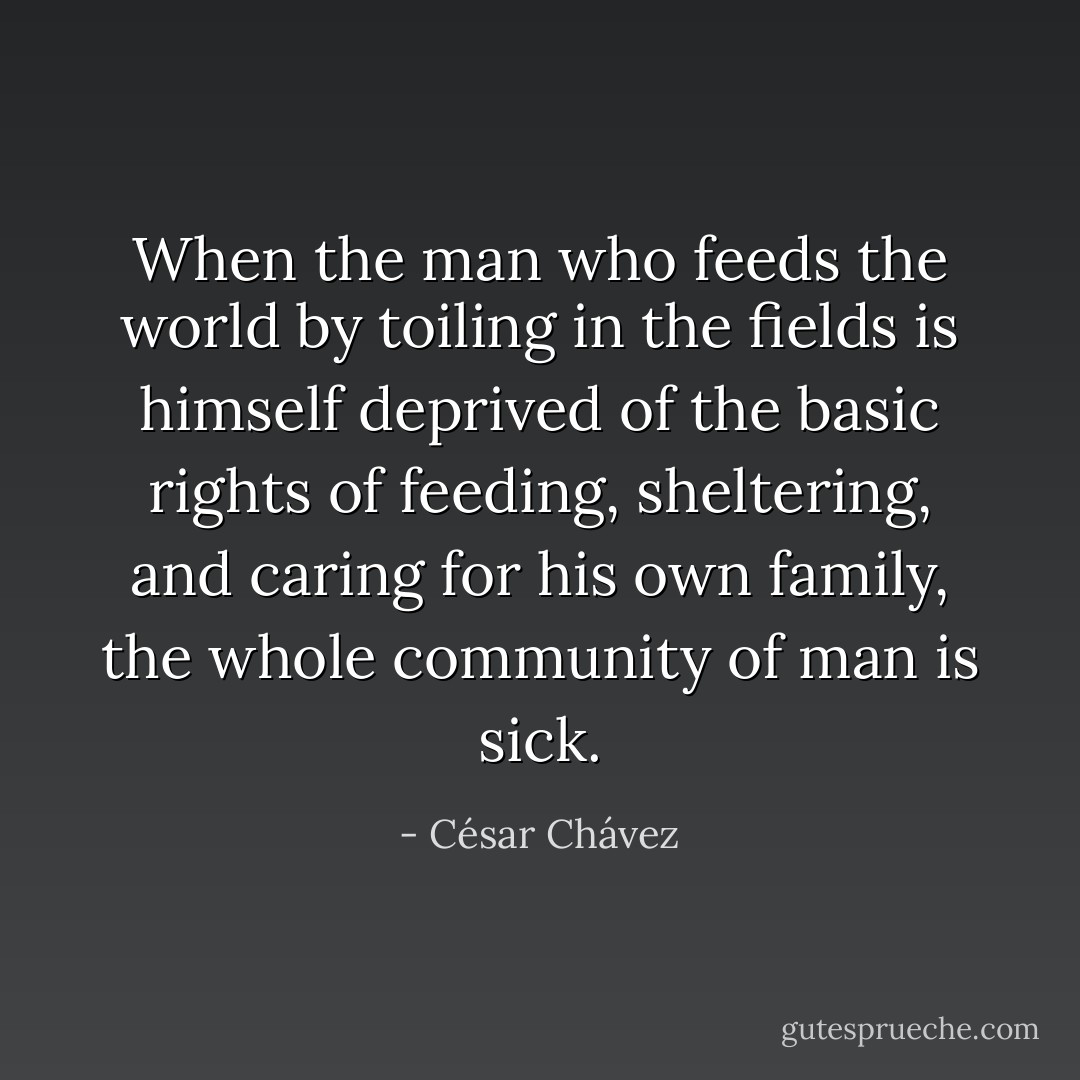 When the man who feeds the world by toiling in the fields is himself deprived of the basic rights of feeding, sheltering, and caring for his own family, the whole community of man is sick. - César Chávez