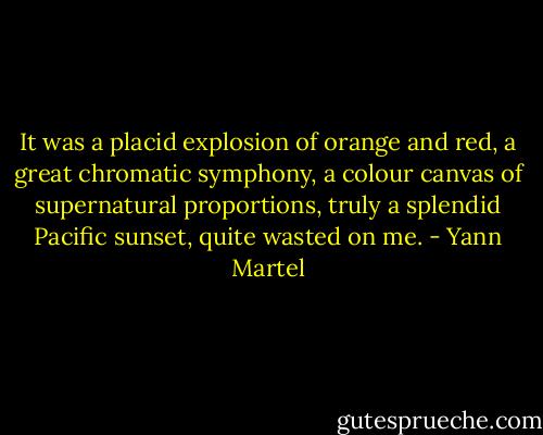It was a placid explosion of orange and red, a great chromatic symphony, a<br />colour canvas of supernatural proportions, truly a splendid Pacific sunset, quite wasted on me. - Yann Martel