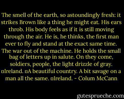The smell of the earth, so astoundingly fresh: it strikes Brown like a thing he might eat. His ears throb. His body feels as if it is still moving through the air. He is, he thinks, the first man ever to fly and stand at the exact same time. The war out of the machine. He holds the small bag of letters up in salute. On they come, soldiers, people, the light drizzle of gray.<br />	Ireland.<br />	A beautiful country. A bit savage on a man all the same.<br />	Ireland. - Colum McCann