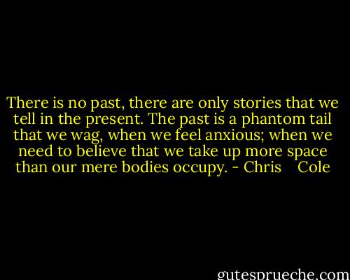 There is no past, there are only stories that we tell in the present. The past is a phantom tail that we wag, when we feel anxious; when we need to believe that we take up more space than our mere bodies occupy. - Chris    Cole